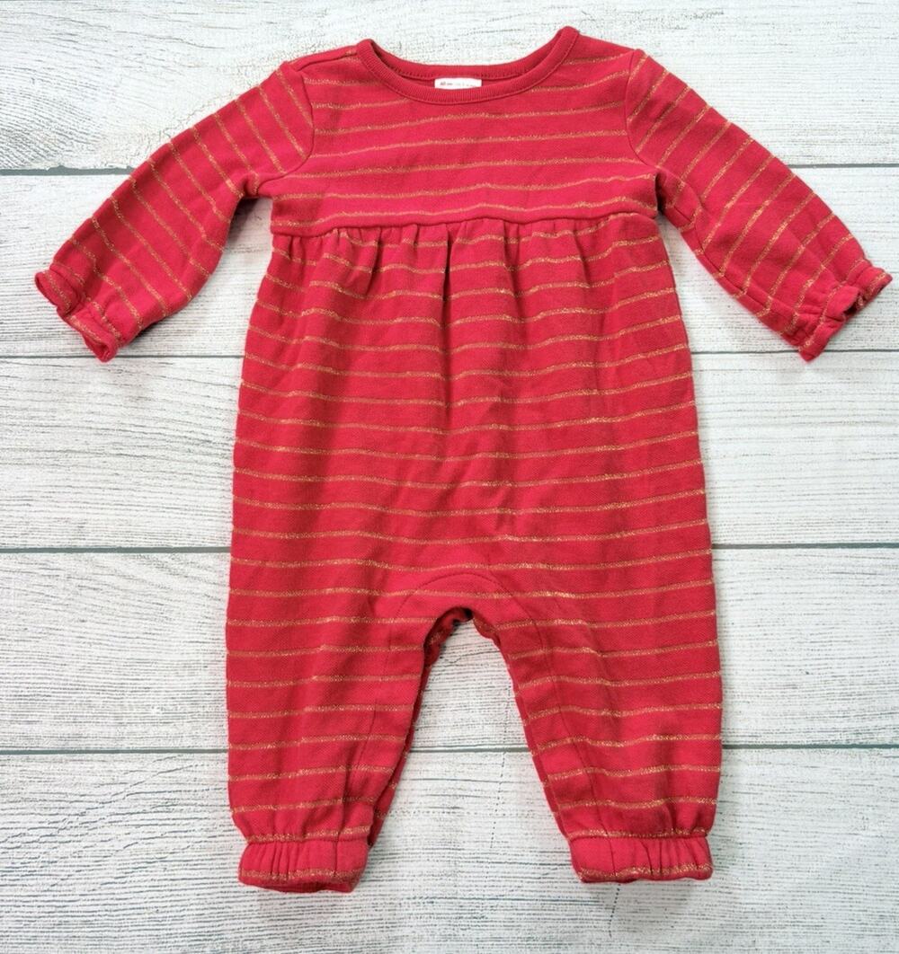 Hanna Andersson Baby Girl Sparkle Holiday Romper Outfit Red Gold Size 3-6 Mo